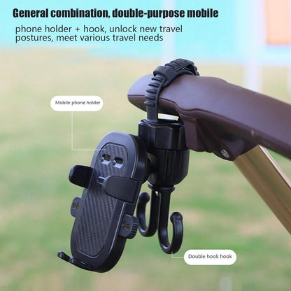 Phone holder for bicycle, stroller, portable stroller hanger, 2-in-1 shopping trolley hook, shopping bag holder, sturdy and adjustable, compatible with most strollers and bicycles.