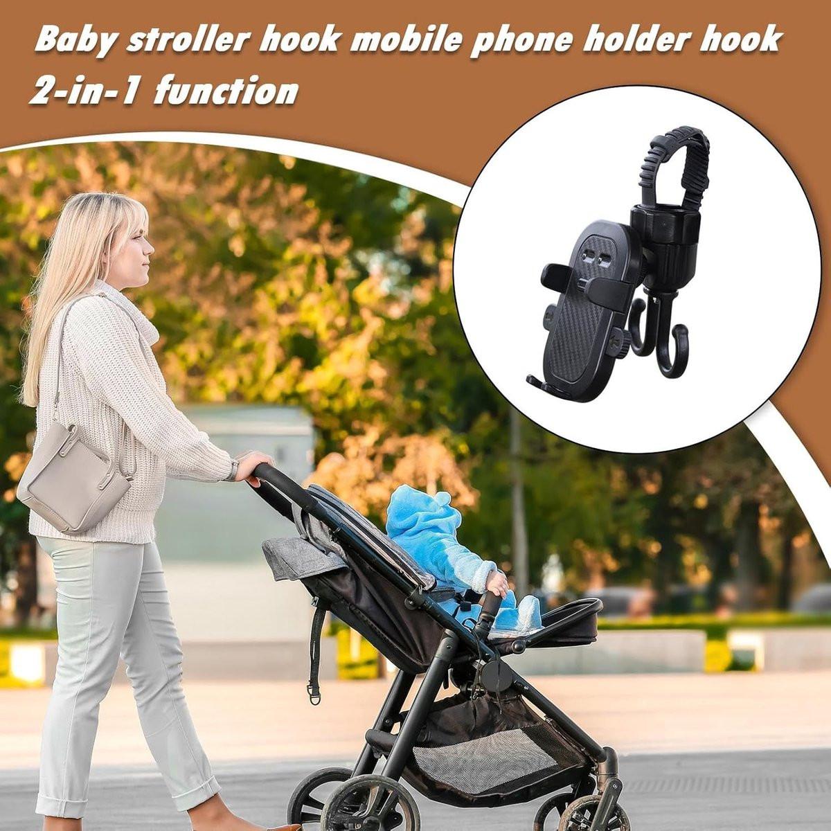 Phone holder for bicycle, stroller, portable stroller hanger, 2-in-1 shopping trolley hook, shopping bag holder, sturdy and adjustable, compatible with most strollers and bicycles.