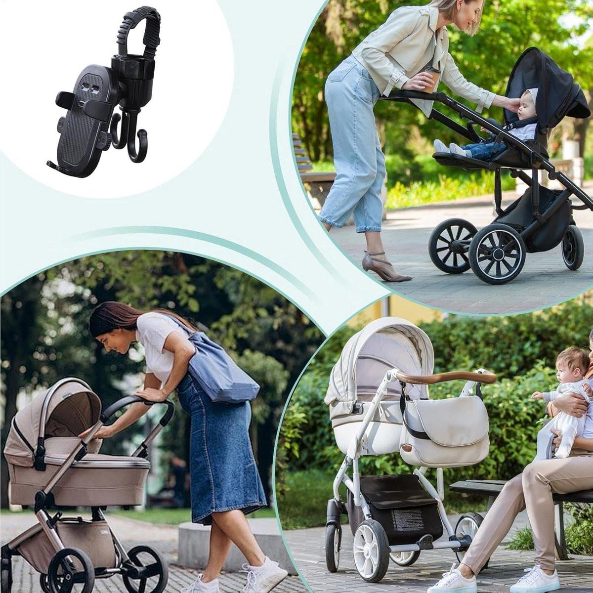 Phone holder for bicycle, stroller, portable stroller hanger, 2-in-1 shopping trolley hook, shopping bag holder, sturdy and adjustable, compatible with most strollers and bicycles.
