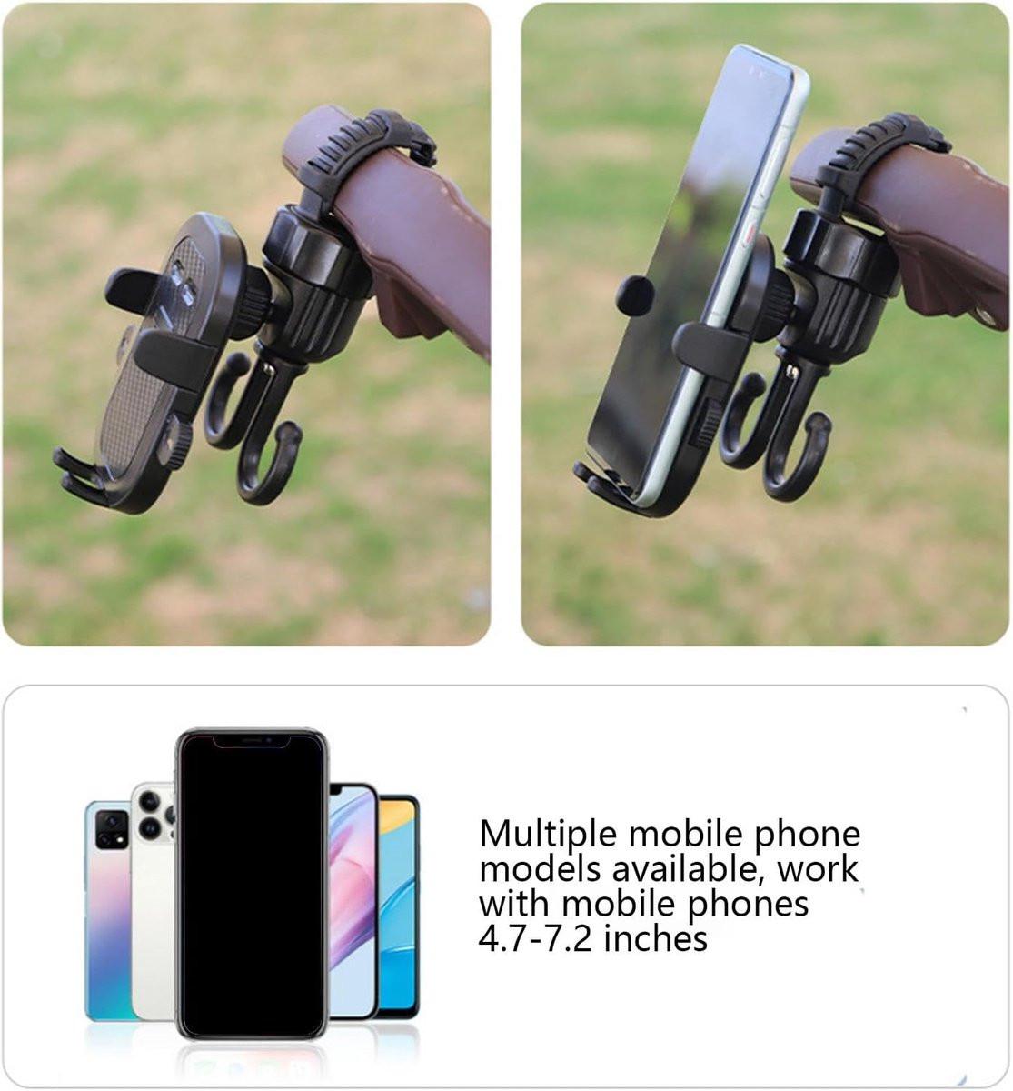 Phone holder for bicycle, stroller, portable stroller hanger, 2-in-1 shopping trolley hook, shopping bag holder, sturdy and adjustable, compatible with most strollers and bicycles.