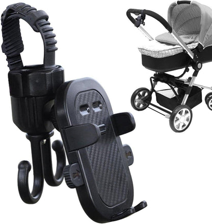 Phone holder for bicycle, stroller, portable stroller hanger, 2-in-1 shopping trolley hook, shopping bag holder, sturdy and adjustable, compatible with most strollers and bicycles.