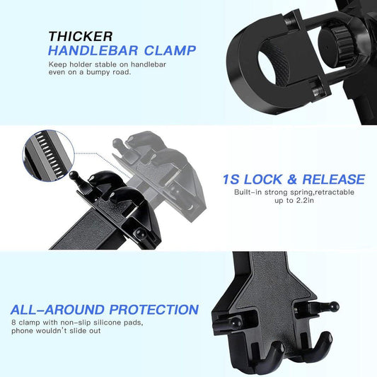 Motorcycle phone mount - Bicycle phone mount - Heavy-duty clamp for motorcycle handlebars - One-handed operation - Scooter phone mount - For phones from 4.7" to 7.25".