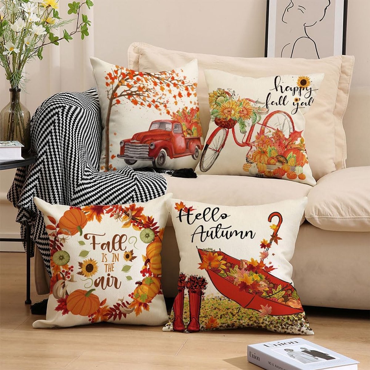 Halloween Theme - Fall Pillowcases - Pillowcases - Linen - Bedroom Decor Pillowcases - Living Room Decor Pillowcases - Sofa Decor Pillowcases - 45 x 45 cm - Four-Piece Set