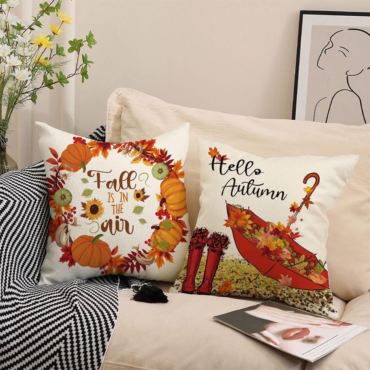 Halloween Theme - Fall Pillowcases - Pillowcases - Linen - Bedroom Decor Pillowcases - Living Room Decor Pillowcases - Sofa Decor Pillowcases - 45 x 45 cm - Four-Piece Set