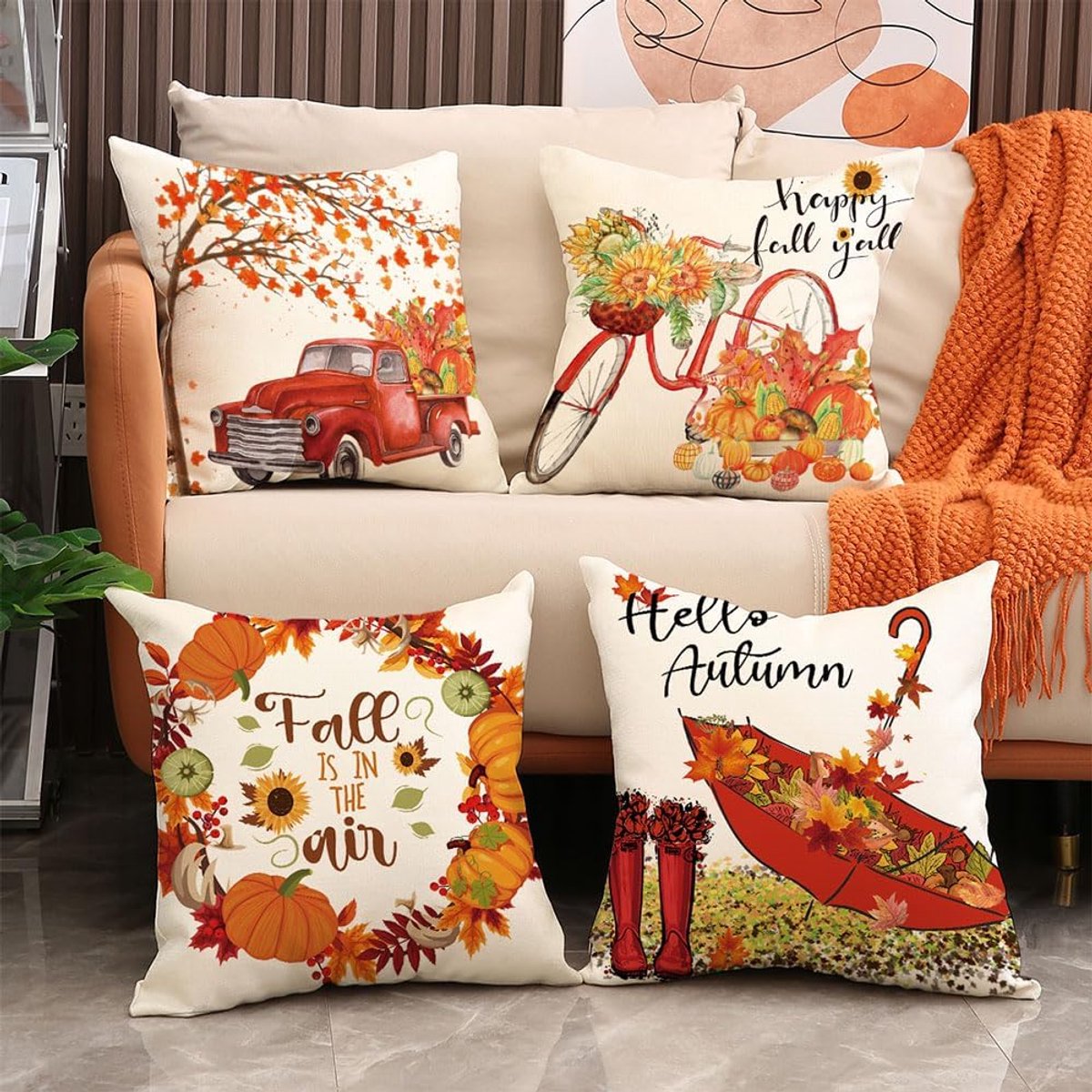 Halloween Theme - Fall Pillowcases - Pillowcases - Linen - Bedroom Decor Pillowcases - Living Room Decor Pillowcases - Sofa Decor Pillowcases - 45 x 45 cm - Four-Piece Set