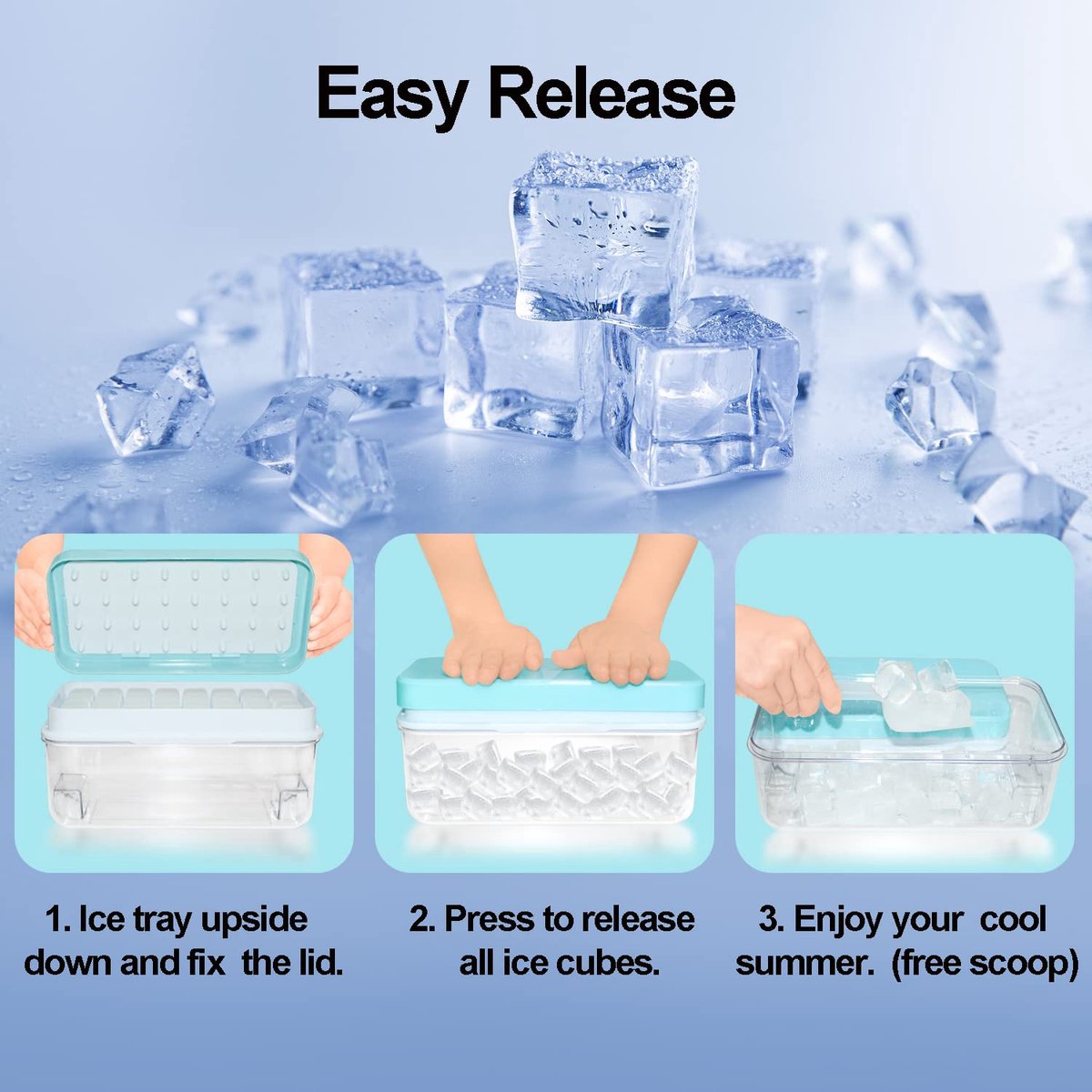 Frozen Ice Cube Trays - Food Grade Ice Cube Molds with Lids - Ice Cube Molds - 2 Layers, Blue - Releases all ice cubes in one second - Ice Cube Molds