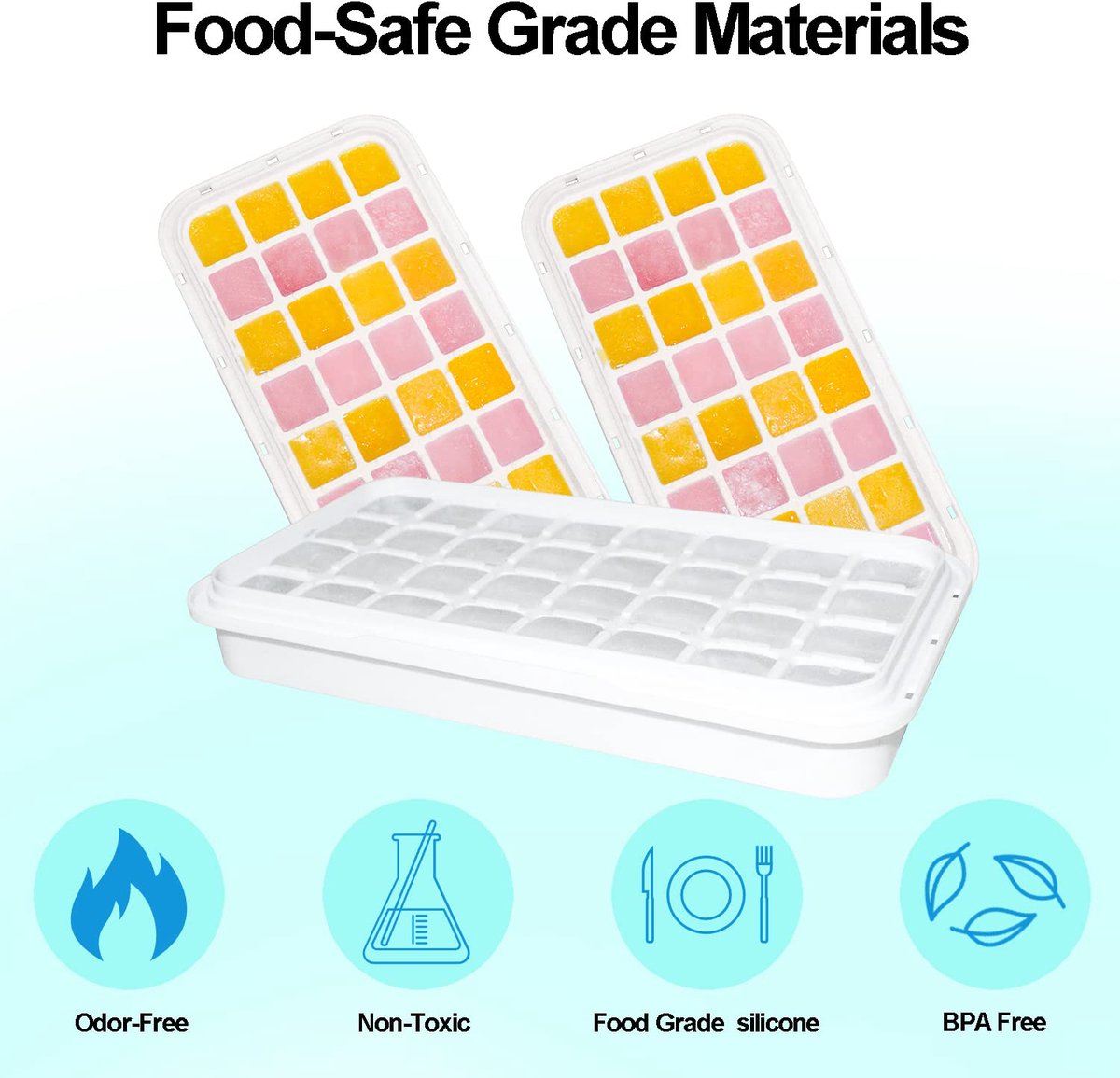 Frozen Ice Cube Trays - Food Grade Ice Cube Molds with Lids - Ice Cube Molds - 2 Layers, Blue - Releases all ice cubes in one second - Ice Cube Molds
