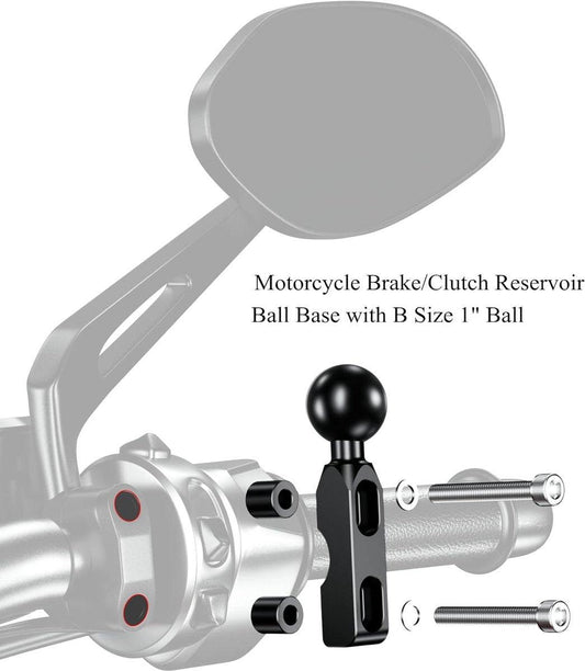 Aluminum alloy mounting base - with 1" TPU ball - for motorcycle brake/clutch reservoirs - compatible with dual mounting arms with 1" ball, size B mounting - black.