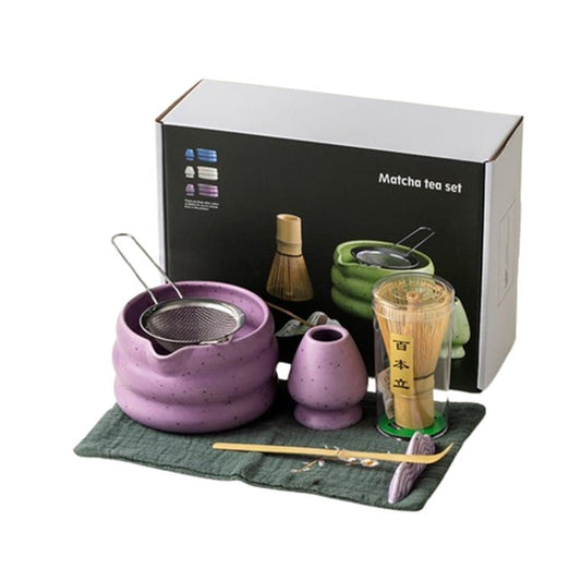 7-Piece Ceramic Matcha Tea Set with Bowl Whisk and Accessories, Purple