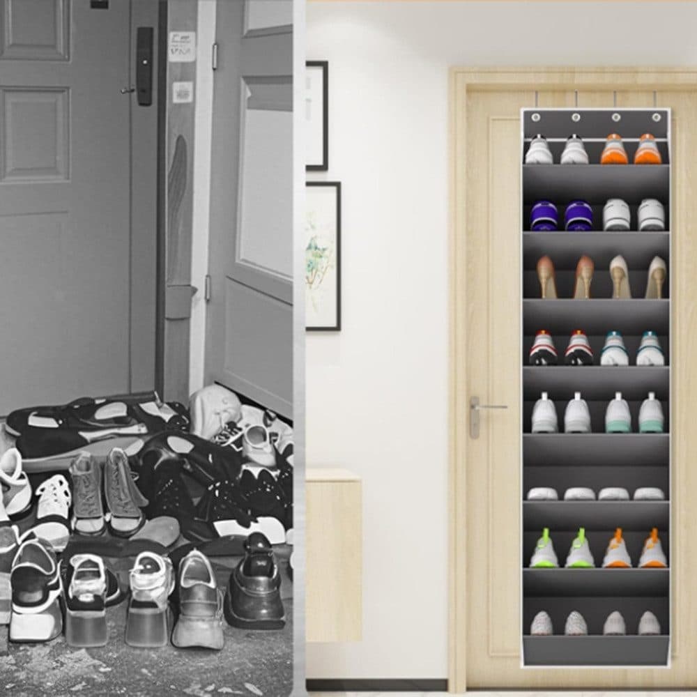 12 Pairs Wall Mounted Shoe Rack with Hooks, Shoe Hanger Storage for Door, 24 x 12 x 4 inches, Gray