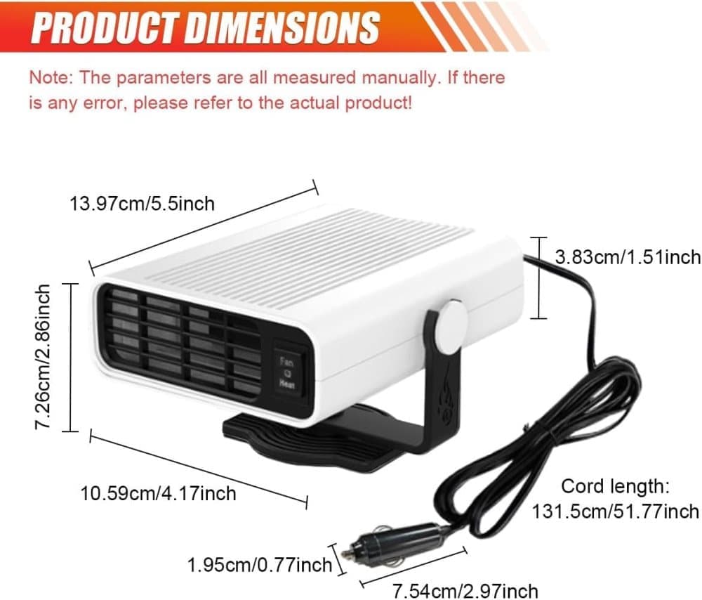 12V 200W Portable Car Heater and Fan 2-in-1 with 360° Rotation, White, Fast Defrosting Windshield Demisting