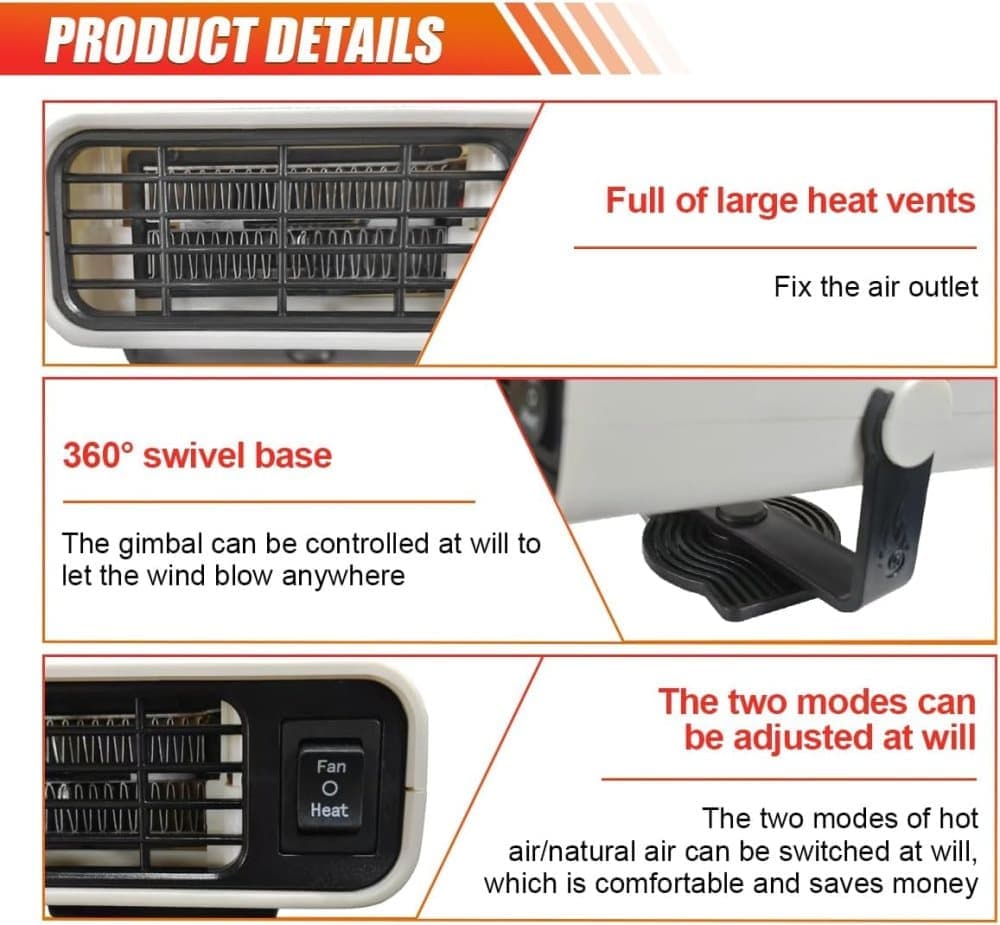 12V 200W Portable Car Heater and Fan 2-in-1 with 360° Rotation, White, Fast Defrosting Windshield Demisting