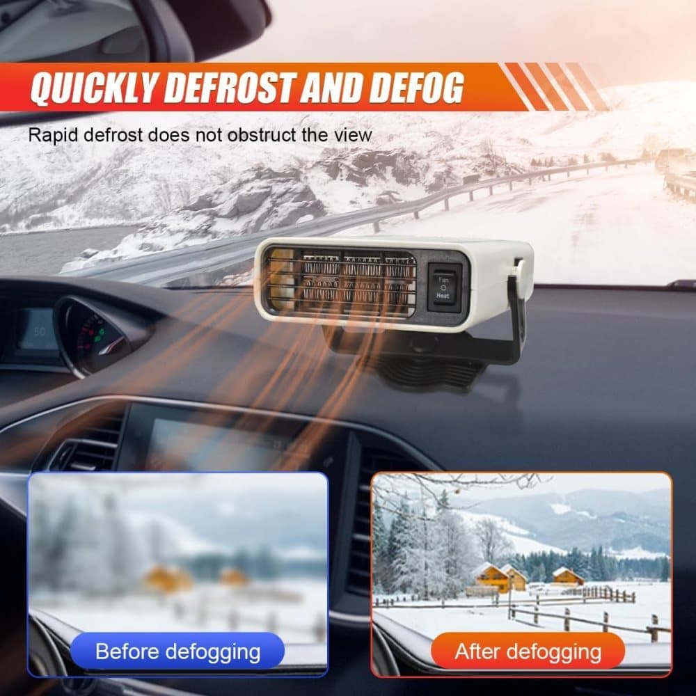12V 200W Portable Car Heater and Fan 2-in-1 with 360° Rotation, White, Fast Defrosting Windshield Demisting