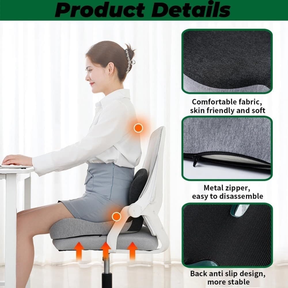 Ergonomic Memory Foam Seat Cushion with Lumbar Support and Tailbone Protection for Office Chairs, Driving and Home, Light Gray, L-Shaped.