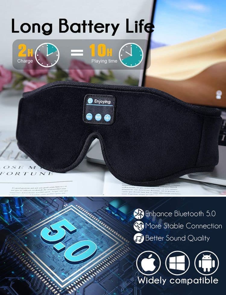 Bluetooth Sleep Headphones in Headband with Eye Mask, Wireless Stereo Music for Sleep and Relaxation, Black