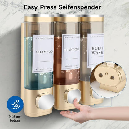 3-Pack Wall Mounted Soap Dispenser for Shampoo & Soap, 300ml x3, Gold