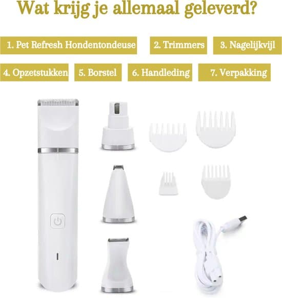 4-in-1 Cordless Dog Trimmer for Thick Fur with Nail Drill, 7 Accessories, Quiet and Silent, White, Compatible with All Dog Breeds