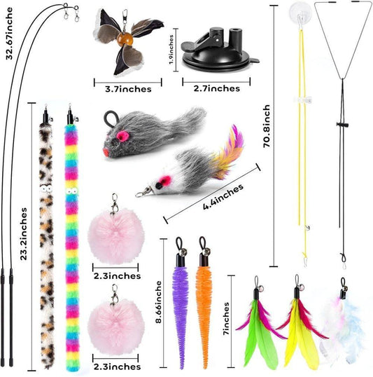 17PCS Cat Toy Set with Fishing Rod, Suction Cup, Feathers and Insects, Eco-Friendly Indoor Cat Toys
