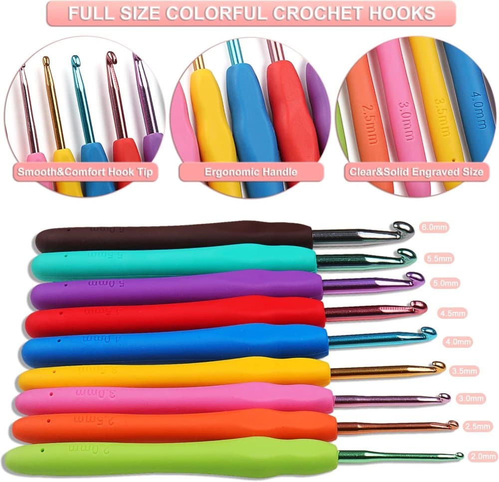58-piece crochet hook set with ergonomic handles and yarn, includes crochet bag, 12cm