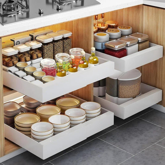 1 Layer Adjustable Metal Storage Shelf for Cabinets, Telescopic Drawer Pull-Out, Compatible with Kitchen Cabinet, 32–52 x 42 x 7.5 cm