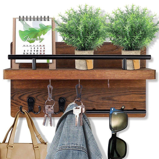7-Hook Wall Mounted Wooden Key Holder with Storage Tray, 30 cm, for Hallway Corridor Bedroom & Office