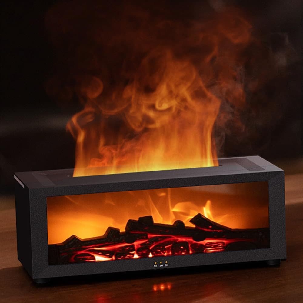 2-in-1 LED Humidifier with Fireplace Effect, 150ml Aromatherapy Diffuser, 3 Timer Settings, Remote Control, Quiet Operation, Black