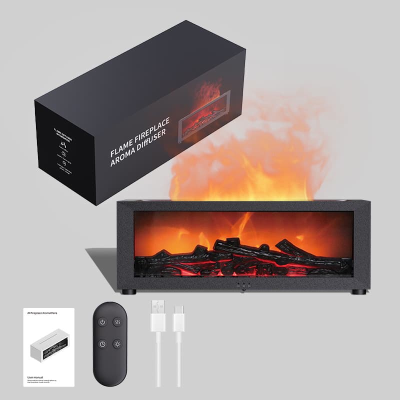 2-in-1 LED Humidifier with Fireplace Effect, 150ml Aromatherapy Diffuser, 3 Timer Settings, Remote Control, Quiet Operation, Black