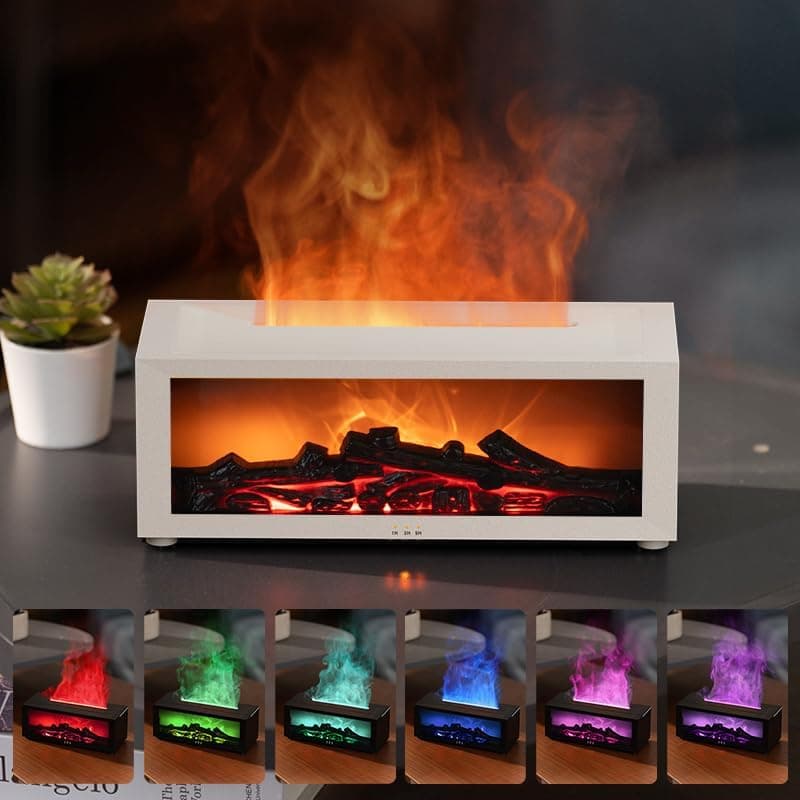150ml White Humidifier with Fireplace Flames, 7-Color LED, Aromatherapy Diffuser, Remote Control, 3-Level Timer, Quiet Operation