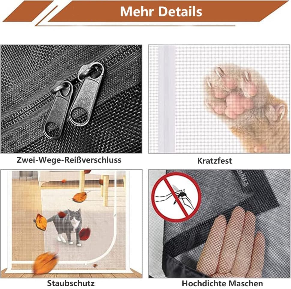 Cat Repellent Zipper Door Curtain, 80 x 210 cm, Durable Mesh Protects Against Cats and Pests, Easy to Install, Black