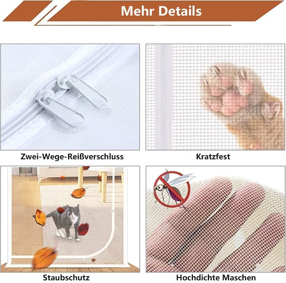 White Cat Repellent Zipper Door Curtain, 80x200cm, Durable Mesh Protects Against Cats and Pests, Easy to Install