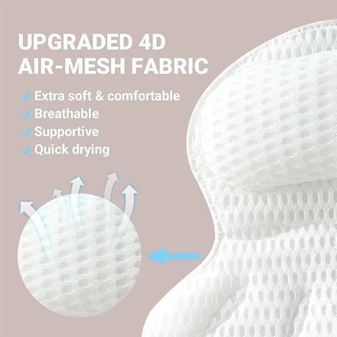 6 Suction Cups Bathtub Cushion with Ergonomic Neck and Back Support 4D Air Mesh, White