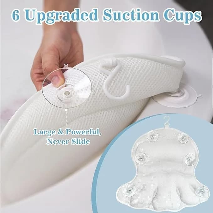6 Suction Cups Bathtub Cushion with Ergonomic Neck and Back Support 4D Air Mesh, White