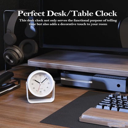 Silent Analog Alarm Clock with Night Light Adjustable Angle for Travel Nightstand Bedroom, White, Metal