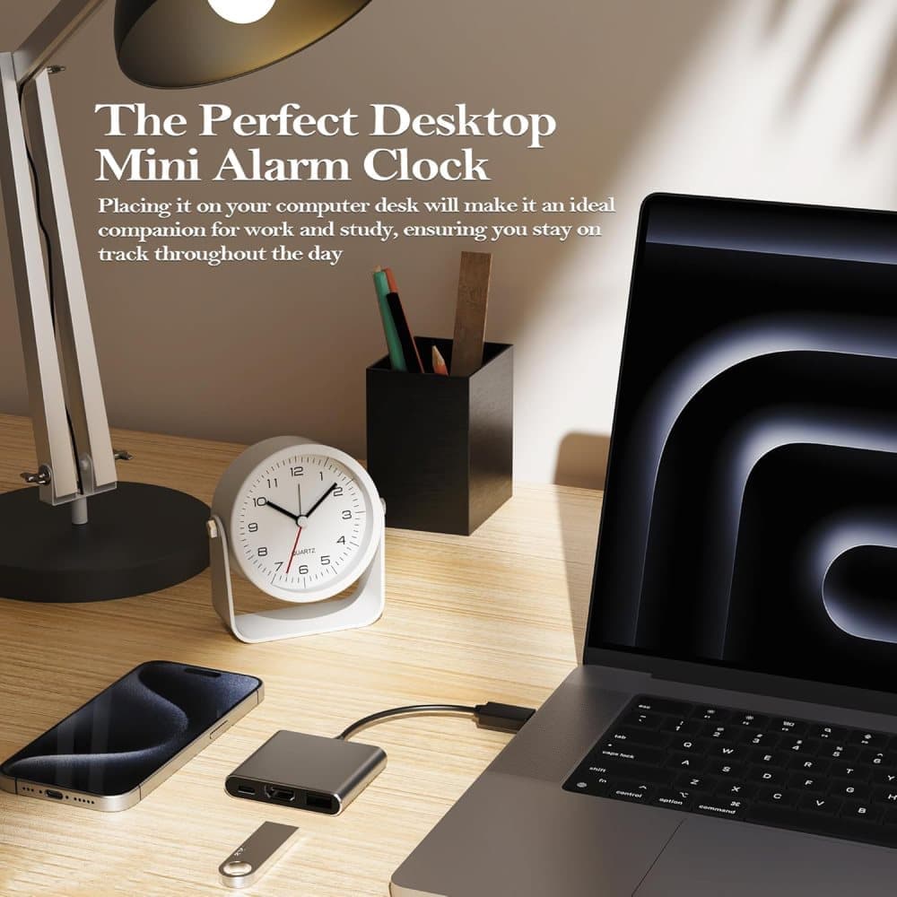 Silent Analog Alarm Clock with Night Light Adjustable Angle for Travel Nightstand Bedroom, White, Metal
