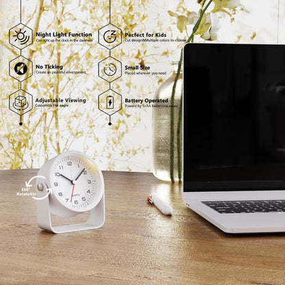 Silent Analog Alarm Clock with Night Light, Adjustable Angle for Travel Nightstand Bedroom, Black, 3.5 inches