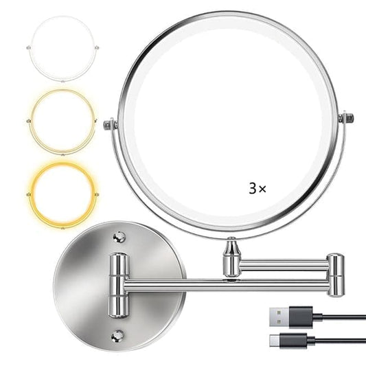 8 Inch Wall Mounted Makeup Mirror with Lights, 3x/10x Magnification, Dimmable 3 Light Modes, 360Â° Rotatable Double-Sided Mirror, Silver.