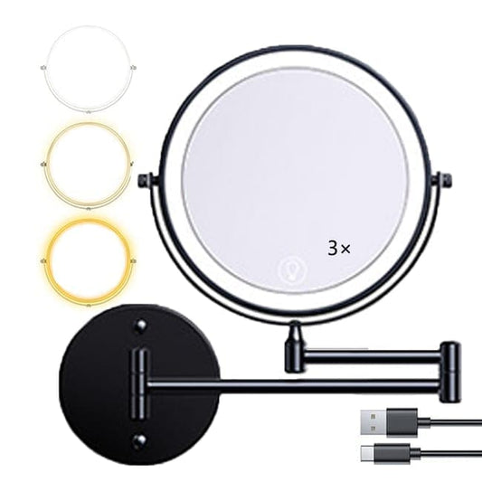 8 Inch Wall Mounted Makeup Mirror with Lights, 3x/10x Magnification, Dimmable 3 Light Modes, 360Â° Rotatable Double-Sided Mirror, Black.