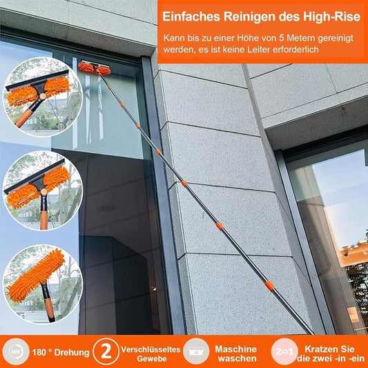 2-in-1 Window Squeegee with Telescopic Handle, 4.5m, Orange - Effective Cleaning for High Windows Cars Showers Indoors Outdoors