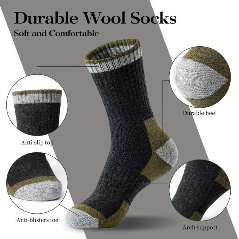 5-Pack Men's Merino Wool Hiking Socks, Moisture-Absorbing Terry, Warm Thick Winter Boot Socks, Mid-High