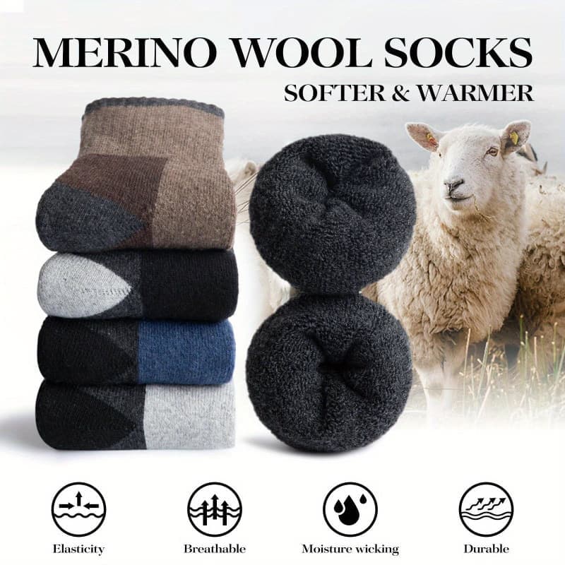 5-Pack Men's Merino Wool Hiking Socks, Moisture-Absorbing Terry, Warm Thick Winter Boot Socks, Mid-High