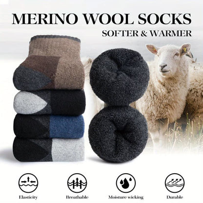 5-Pack Men's Merino Wool Hiking Socks, Moisture-Absorbing Terry, Warm Thick Winter Boot Socks, Mid-High