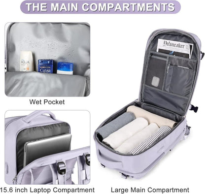 Purple Travel Backpack Cabin Bag with Dry Wet Sorting, 42 x 30 x 20 cm