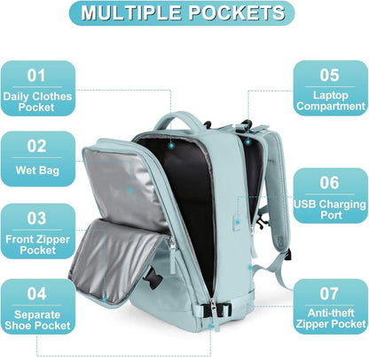 Blue Travel Backpack Cabin Bag with Dry Wet Sorting, 42 x 30 x 20 cm