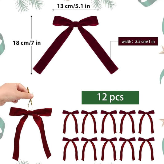 12 Christmas Bows for Tree, Velvet in Burgundy