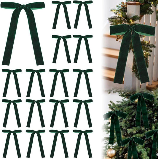 12 Christmas Bows Velvet Tree Decorations in Dark Green