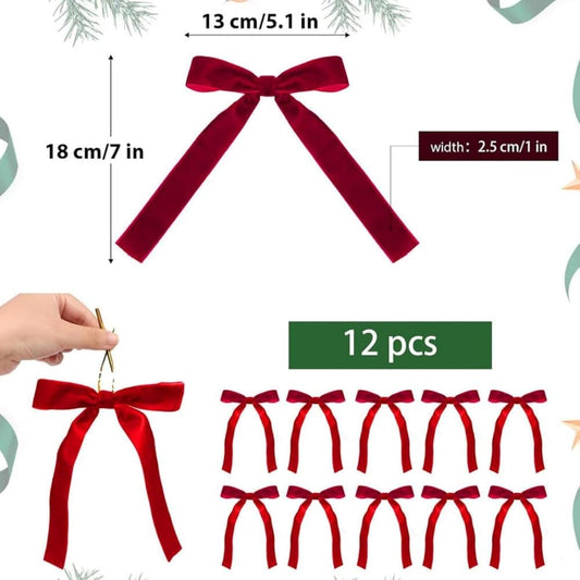 12 Christmas Bows Velvet Tree Decorations, Red