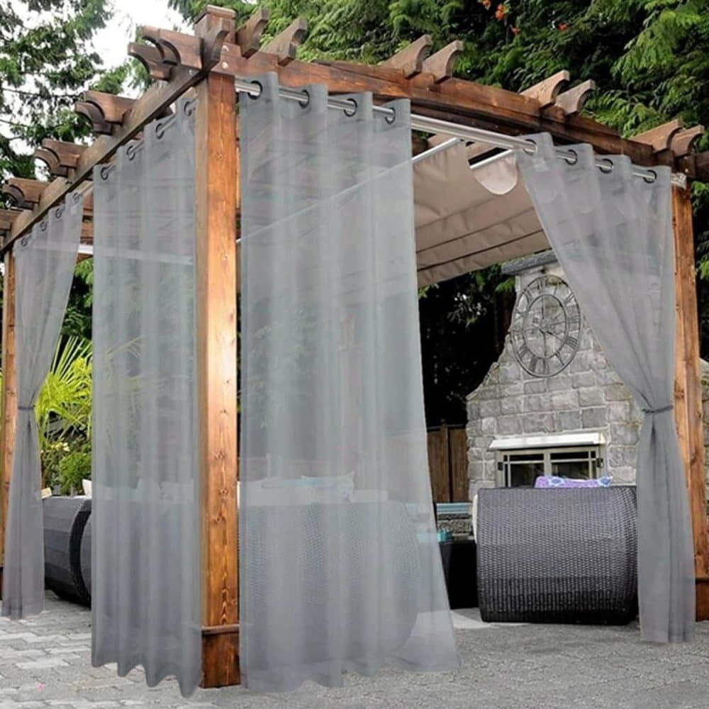 1 Pair Water Resistant Sheer Outdoor Eyelet Curtains, 132 cm × 183 cm, Gray