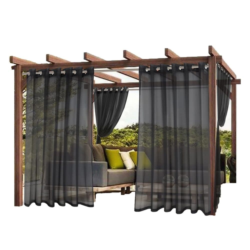1 Pair Water Resistant Sheer Eyelet Curtains for Outdoor, 132 cm x 213 cm, Black