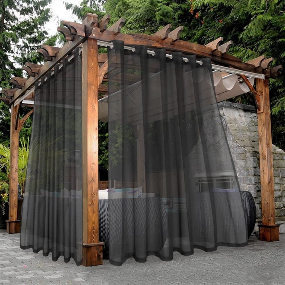 1 Pair Water Resistant Sheer Eyelet Curtains for Outdoor, 132 cm x 213 cm, Black