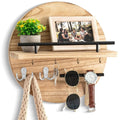 Wooden Key Holder with Storage Tray and Hooks for Hallway Corridor Bedroom Office, Light Brown